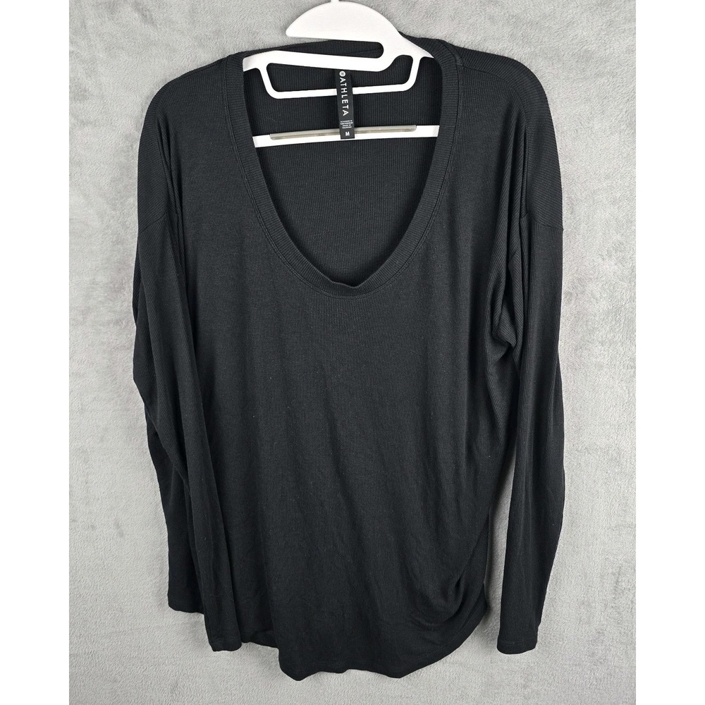 Athleta Black Ribbed V-Neck Long Sleeve Top Modal Blend Size M 631851-00
